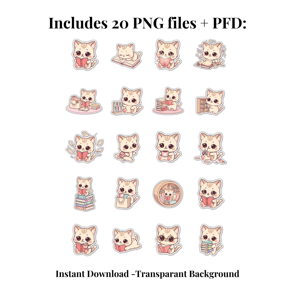 Kawaii Book Girl Cat Stickers · 20 Printbare Pastel Katjes met Witte Outline