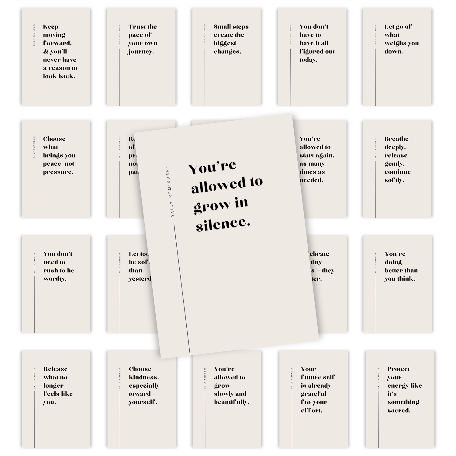 Daily Reminder Quote Bundle · 21 Elegante Quote Printables voor Rust & Inspiratie (A3, PDF + PNG)