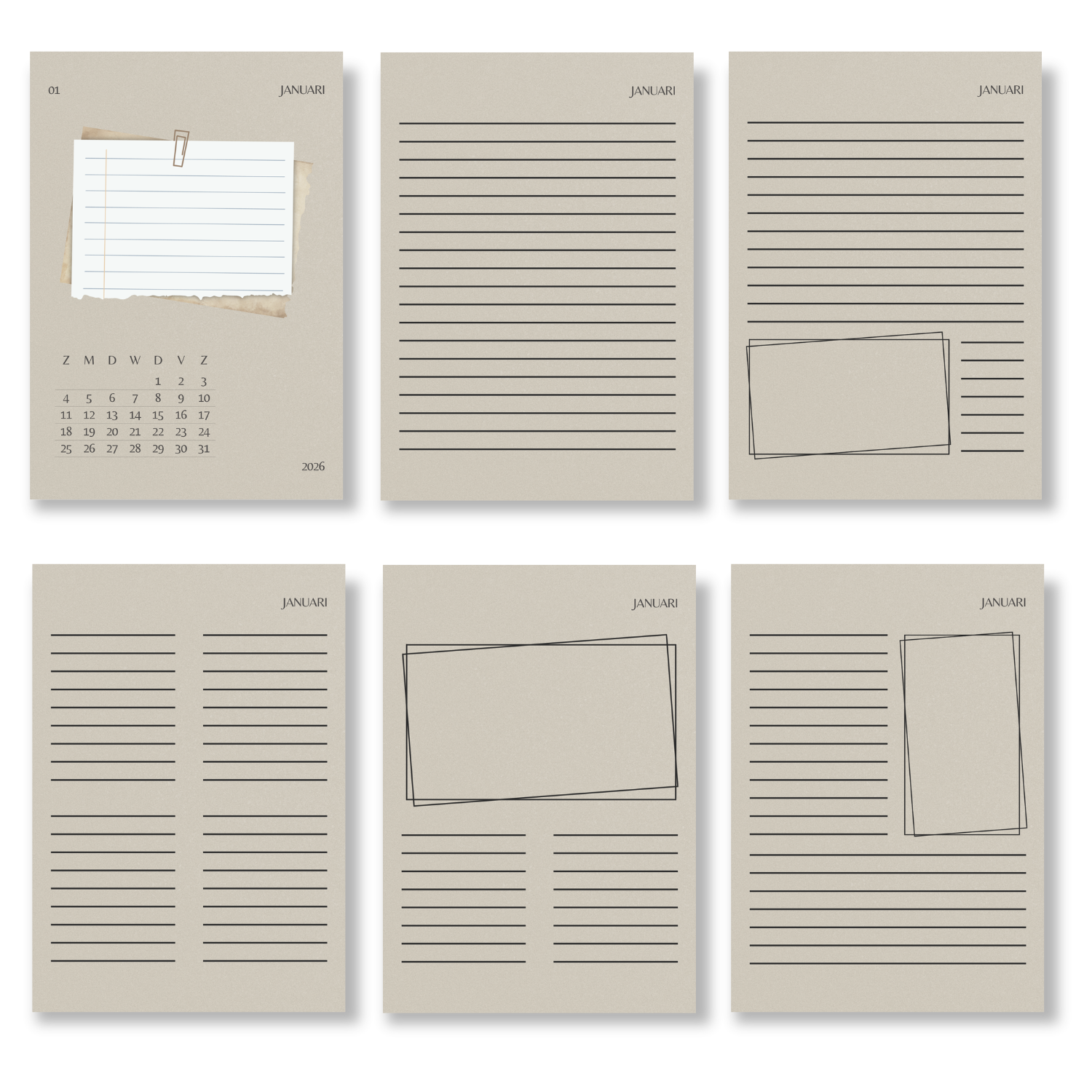 Printbare Planner & Notitieboek 2026 · Zacht Beige Minimalistisch Design, 6 Pagina’s per Maand (A6, PDF)