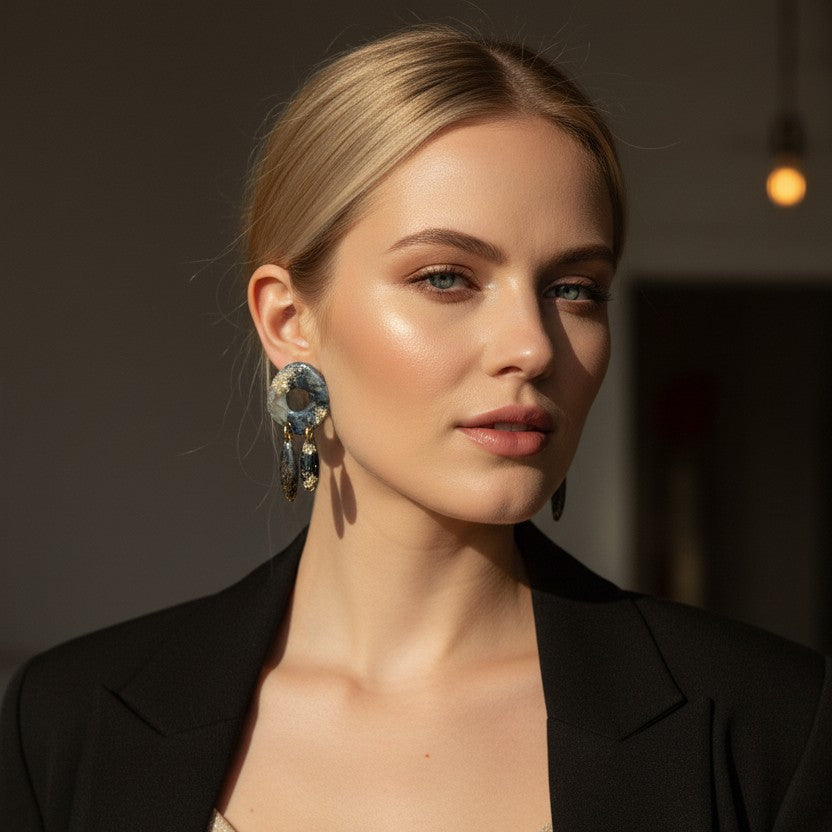 Party Outfit - Nieuwe Collectie - Statement bloemen oorbellen zwart-beige met gouden glitters - Freya - Unieke acryl oorbellen