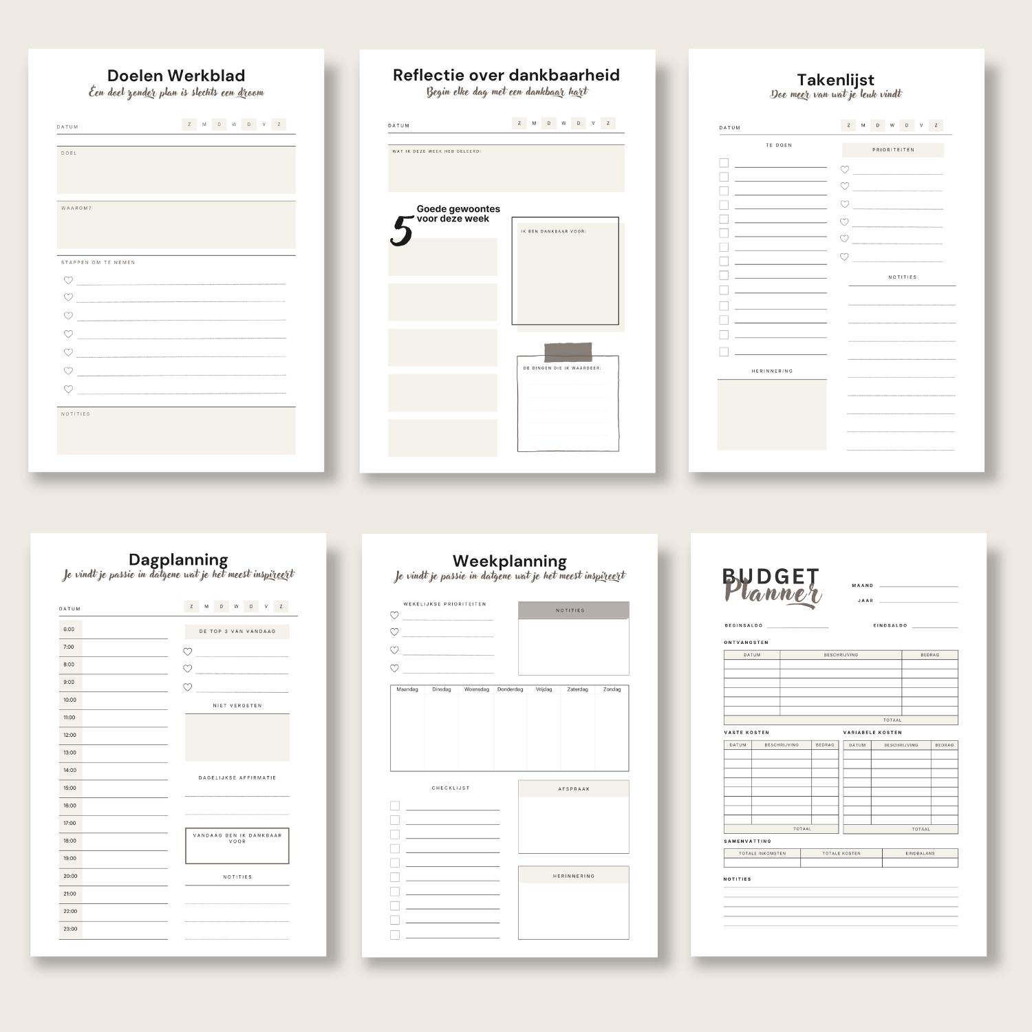 Printbare Planner Bundel Voor Kleine Ondernemers · 6 Printbare Werkbladen voor Doelen, Dankbaarheid, Planning & Budget (A4, PDF)