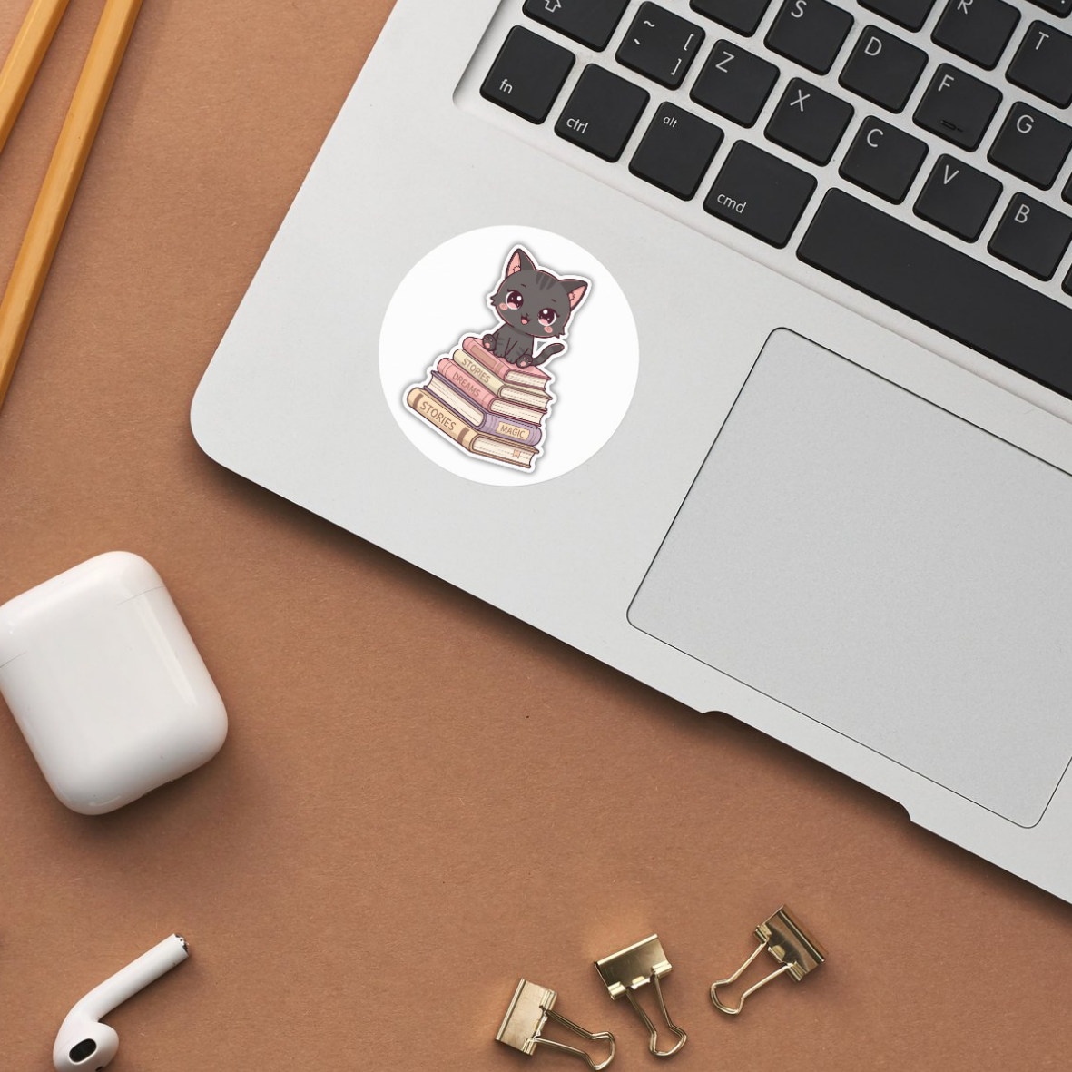 Kawaii Book Girl Cat Stickers · 20 Printbare Zwarte Katjes met Witte Outline
