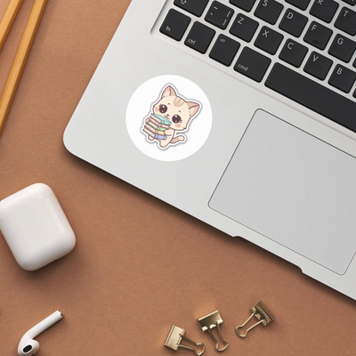 Kawaii Book Girl Cat Stickers · 20 Printbare Pastel Katjes met Witte Outline