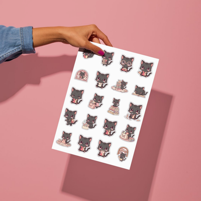 Kawaii Book Girl Cat Stickers · 20 Printbare Zwarte Katjes met Witte Outline