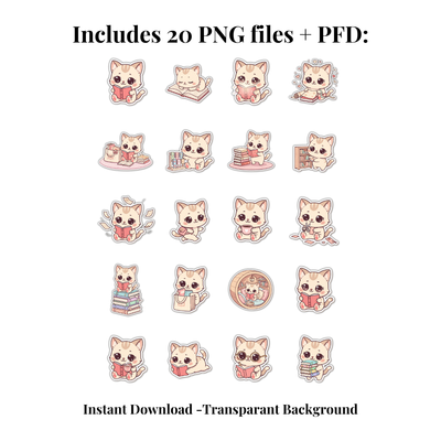 Kawaii Book Girl Cat Stickers · 20 Printbare Pastel Katjes met Witte Outline