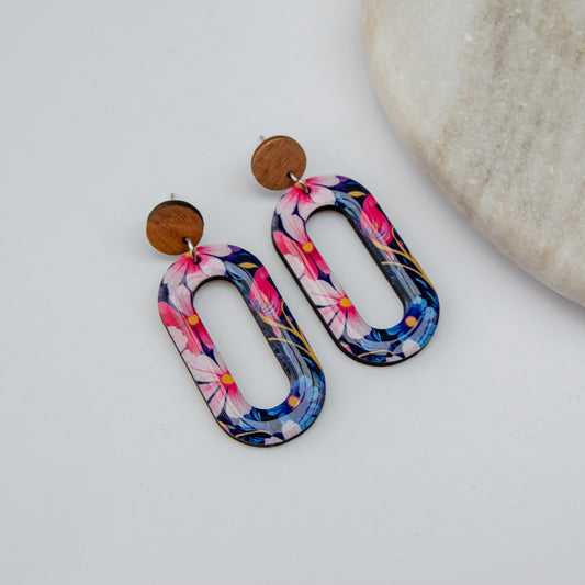 Mila - Colorful wooden statement earrings with beautiful floral print in blue and pink shades