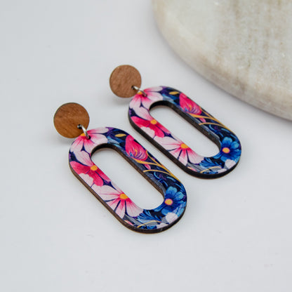 Mila - Colorful wooden statement earrings with beautiful floral print in blue and pink shades