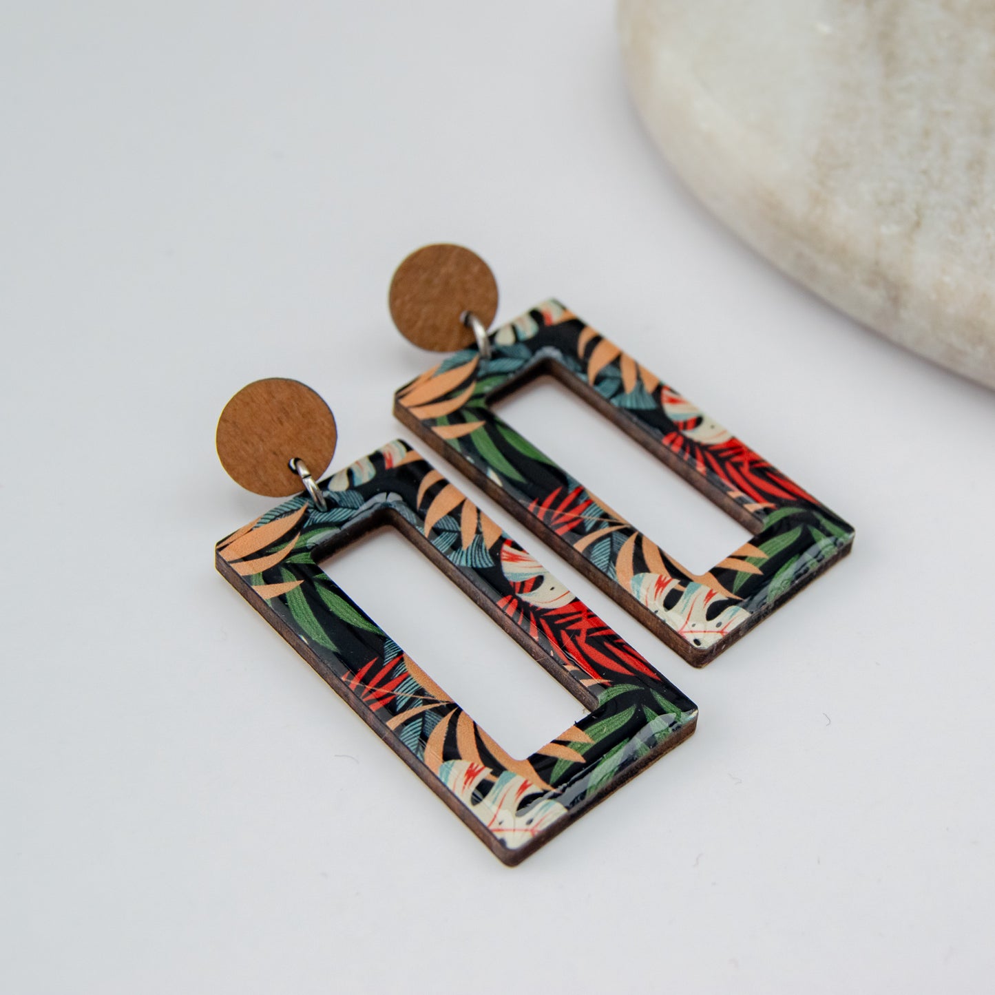 Emma - Wooden statement earrings with beautiful print of tropical leaves