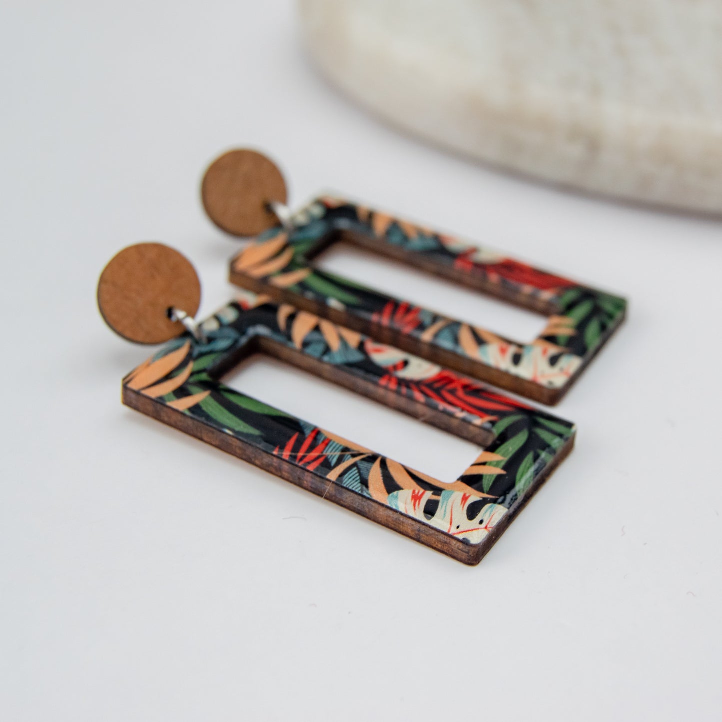 Emma - Wooden statement earrings with beautiful print of tropical leaves