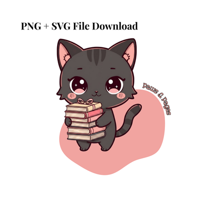 Paws and Pages - Cute Kawaii Katje Illustratie voor T‑shirts, Tassen & Cricut